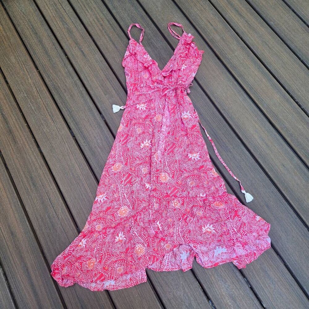 Beach Gold Hibiscus Pink White Maxi Wrap Dress size xs coverup vacation